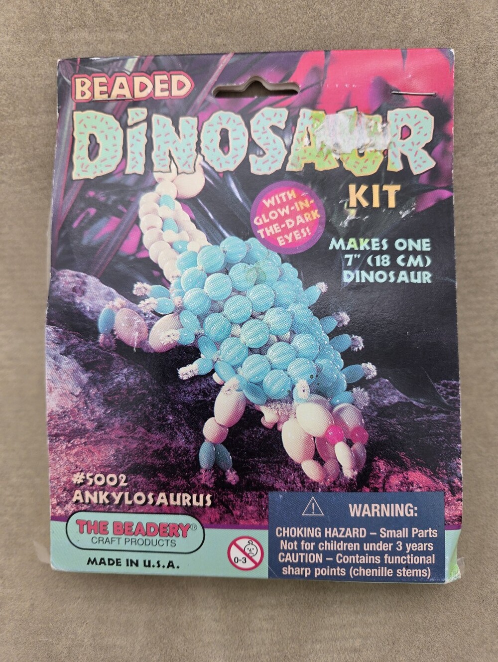 The Beadery 7" Ankylosaurus Dinosaur Kit Vintage 1998 Glowing Eyes Beaded